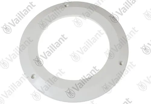 Weißer Montagekranz aus Kunststoff mit rundem inneren Ausschnitt und mehreren Befestigungslöchern, gekennzeichnet mit dem Logo von Vaillant.